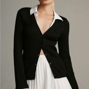 Anthropologie Maeve Black Layered Button-Up Cardigan White Sleeve Blouse